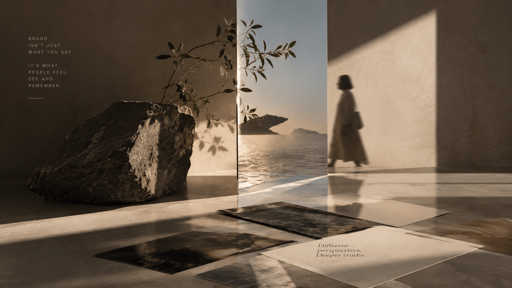 A figure walking through a sunlit gallery, a rock and a branch in the foreground